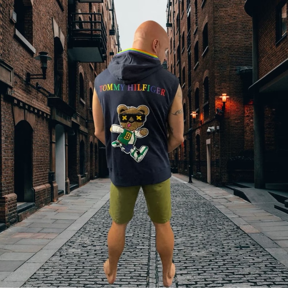 Upcycled Designer Hoodie  Gay Bear Collection Short Sleeve Athletic Hoodie